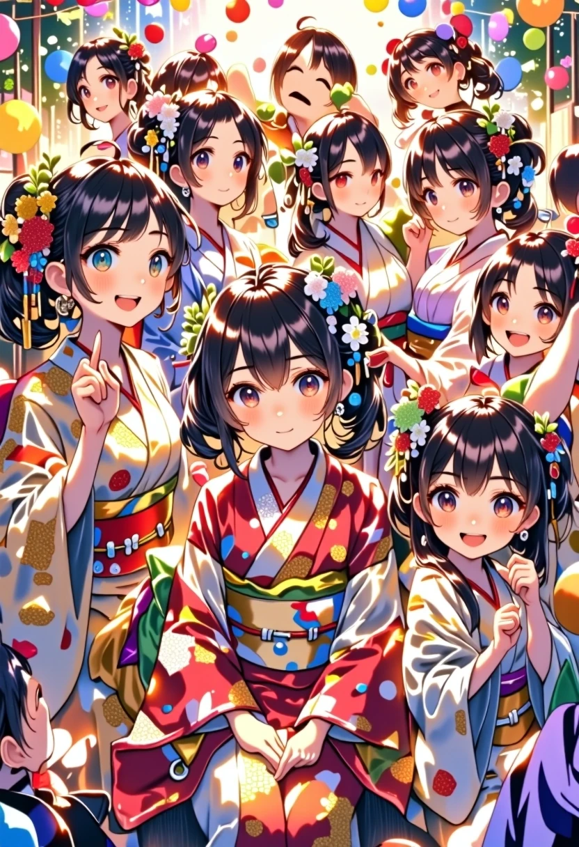 colorful,multicolored background,simple background,1girl,solo,multicolored eyes,purple eyes,red eyes,blue eyes,long hair,multicolored hair,black hair,brown hair,white hair,streaked hair,two-tone hair,bangs,swept bangs,parasol,oil-paper umbrella,hair ornament,squatting,sandals,white gloves,flower,kimono,red kimono,print kimono,wide sleeves,hair flower,japanese clothes,skirt,floral print,sash,obi,smile,:D,upper teeth,blush,happy new year,hairclip,hair flower,earrings,hand on own face,hand on own cheek,head rest,<lora:style_mika_pikazo_v1:1>,