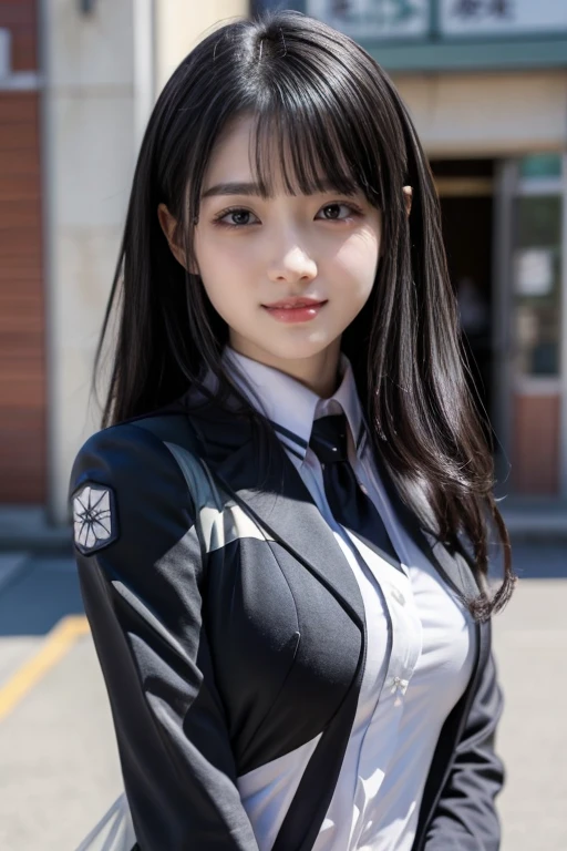  Japanese Women Like Idols , long hair , straight hair , Round face , Bust Up , ( Big Breasts)、The Irregular at Magic High School uniform、(smile)、( slender)、( black hair)、( best quality :1.5)、