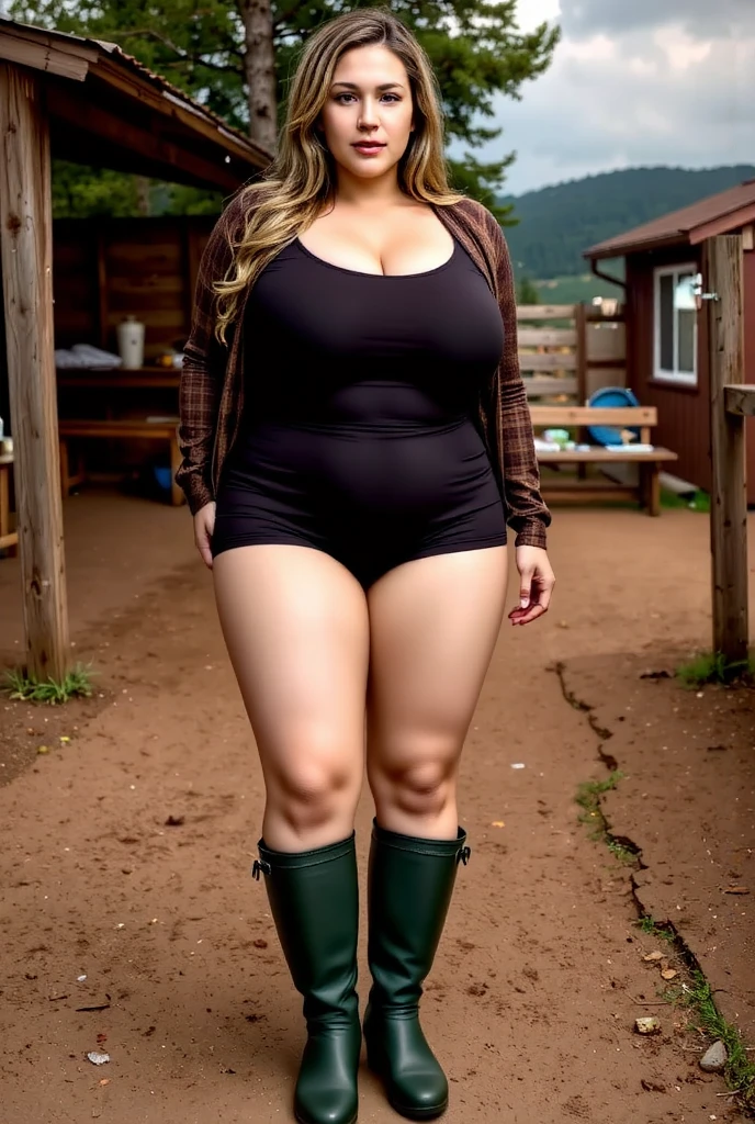 UssBBW blonde , Fat Milf , fullbodyshot, from haed to toe, heavy green rubber boots , Fishnet tights, denim hotpants, open checked shirt, outdoor rural, face like chloe decker,  gigantic breasts, wide hips, big ass, Thick calves , Bursting clothes