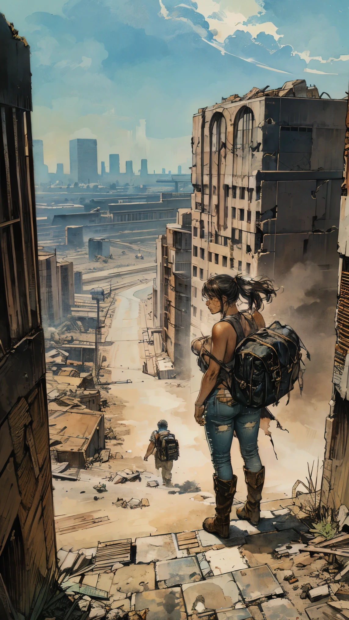 watercolor art, female character traveling from the desert in a diselpunk universe, dynamic combat pose, full body, female character, topless, wearing torn and dirty pants, worn boots, side view, scenery of a destroyed and abandoned city, best quality, detailed, symmetrical, side view, dirty face, big backpack on back