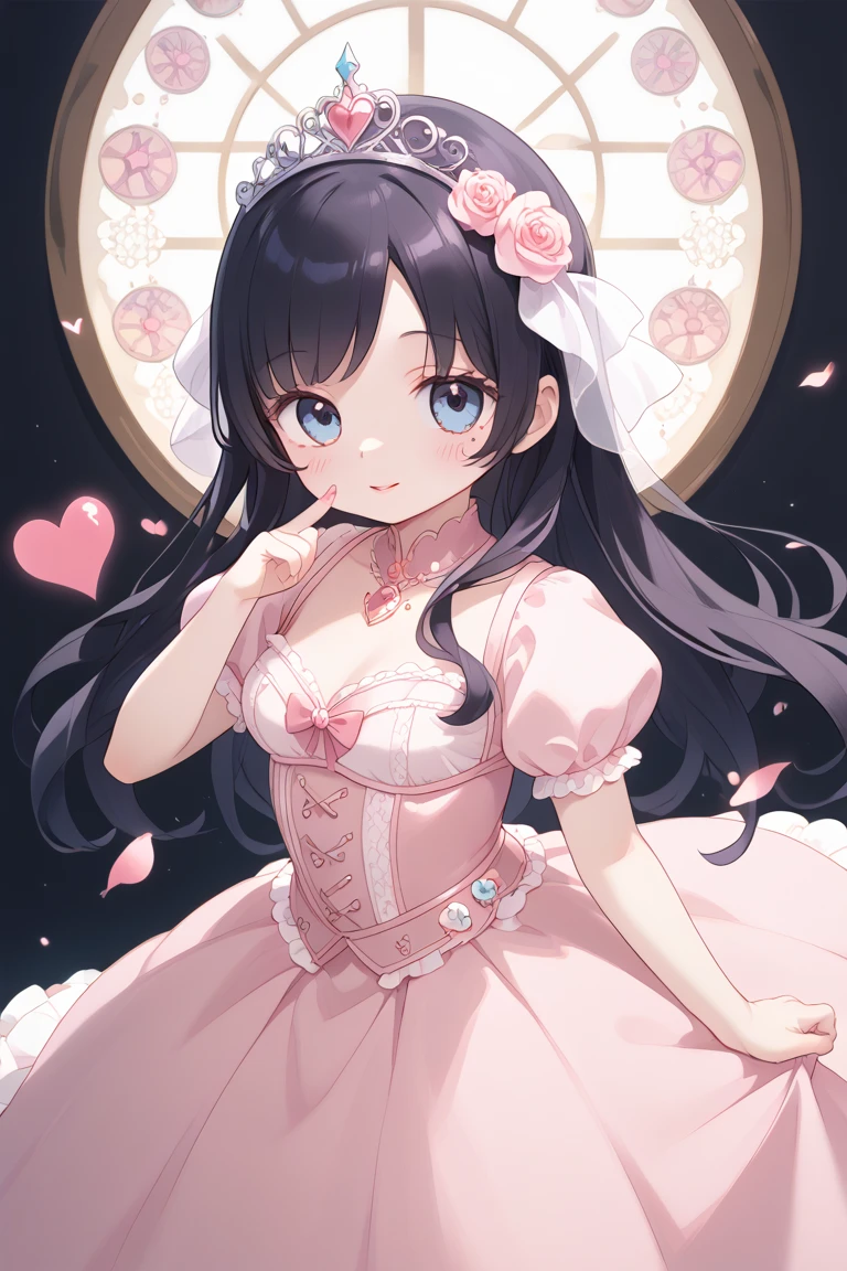 an elegant anime-style illustration of a young woman in a pink, princess-inspired gown. The dress features intricate details like lace and shimmering layers, exuding a dreamy and magical vibe. She wears a delicate tiara adorned with pink jewels, adding a regal touch. Her long, flowing dark hair frames her soft and symmetrical face, enhanced with subtle makeup, including rosy cheeks and glossy lips.

The background is a pastel pink fantasy scene, decorated with floating hearts, soft clouds, and a circular, ornate window design that resembles a clock. The overall atmosphere feels romantic, whimsical, and enchanting, emphasizing themes of love and grace.

