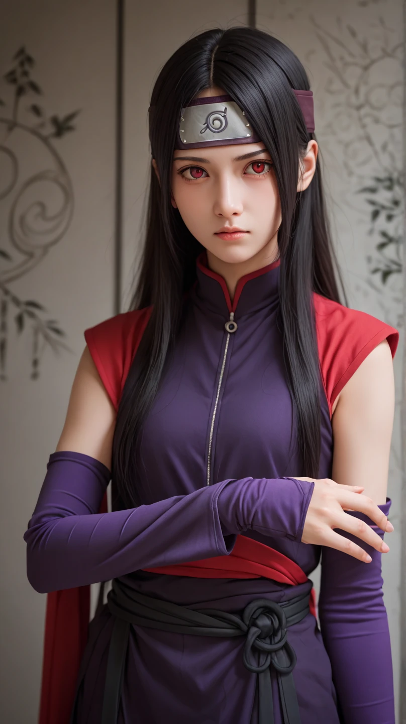 1girl, black long hair, red eyes, forehead protector, konoha symbol, konohagakure symbol, purple qypao sleeveless, purple long arm sleeve