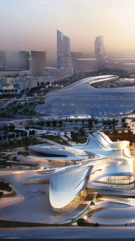 best quality, masterpiece, people, clear sky, sunset or dawn,city center, rain, zaha hadid, curve, flow,  Dubai Coty landscape