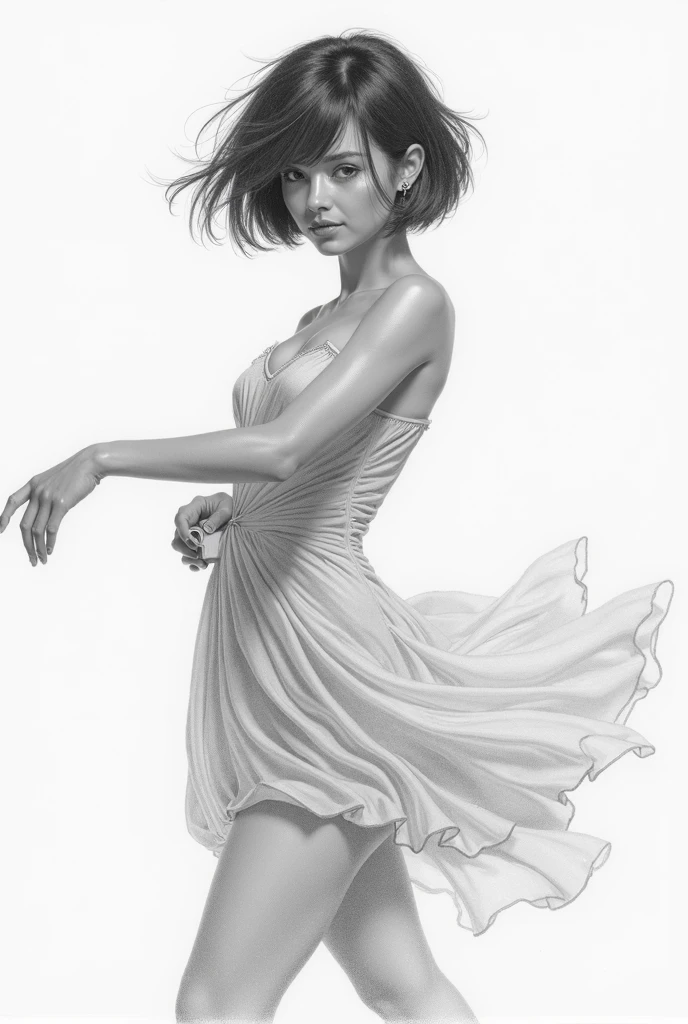 action pose, dynamic angle, dynamic pose, leaping, perspective, foreshortening, StacyHiggins in a dress, big breasts, small waist, Line art,(flat colors )<lora:1910_dress_v1:1> 1910_dr3ss, <lora:lineart:1> <lora:ClothingAdjuster3:-0.5>