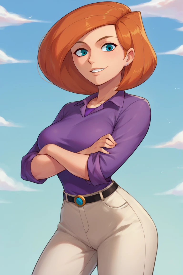 score_9, score_8_up, score_7_up, BREAK, 1girl, solo, breasts,  annpossible, mature female, purple shirt, sleeves rolled up, tan pants, belt, looking at viewer, smile, crossed arms, 