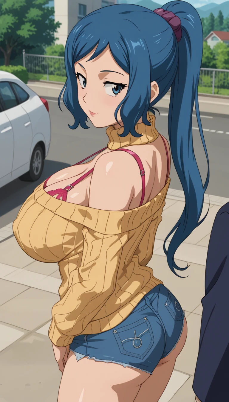  score_9,  score_8_  up,  score_7_  up,   source_Anime,  (Anime coloring, Anime screencap:1.2),   flat color,   Shiny Skin,   (huge breasts,long bra ),Rinko Iori,  Blue Hair, blue eyes,  side lock,
  sweater  ,   long sleeve ,  long hair,  ponytail, off-shoulder   sweater  , clavicle,  good strap,  shorts, denim  shorts,nsfw, one woman, panties , good,underwear,fancy underwear,  LINGERIE MODEL  , cross legs, standing,,Butt,whole body,thin, Mischievous Expression ,the above, outdoor,Call Girl,Anime style, High Quality ,Masterpiece, VERY DETAILED