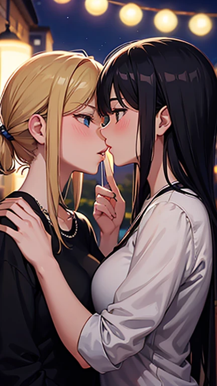 masterpiece, best quality, highres, 2girls, yuri, (kiss:1.4), (french kiss), blush, closed eyes, (tongue), (saliva), (groping), hand on breast
