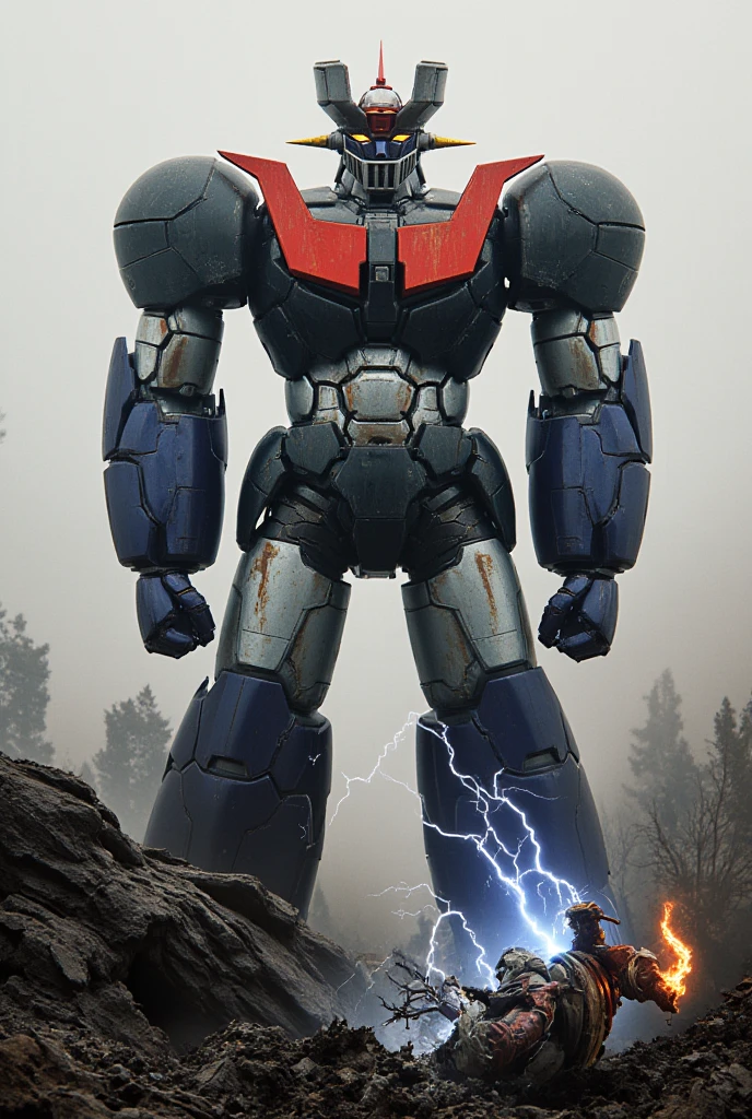 A very realistic version of Mazinger Z remodeled into an overwhelmingly giant,   standing 100 meters high in a combat position.  thunder　Remains of an enemy robot beast at the foot 　