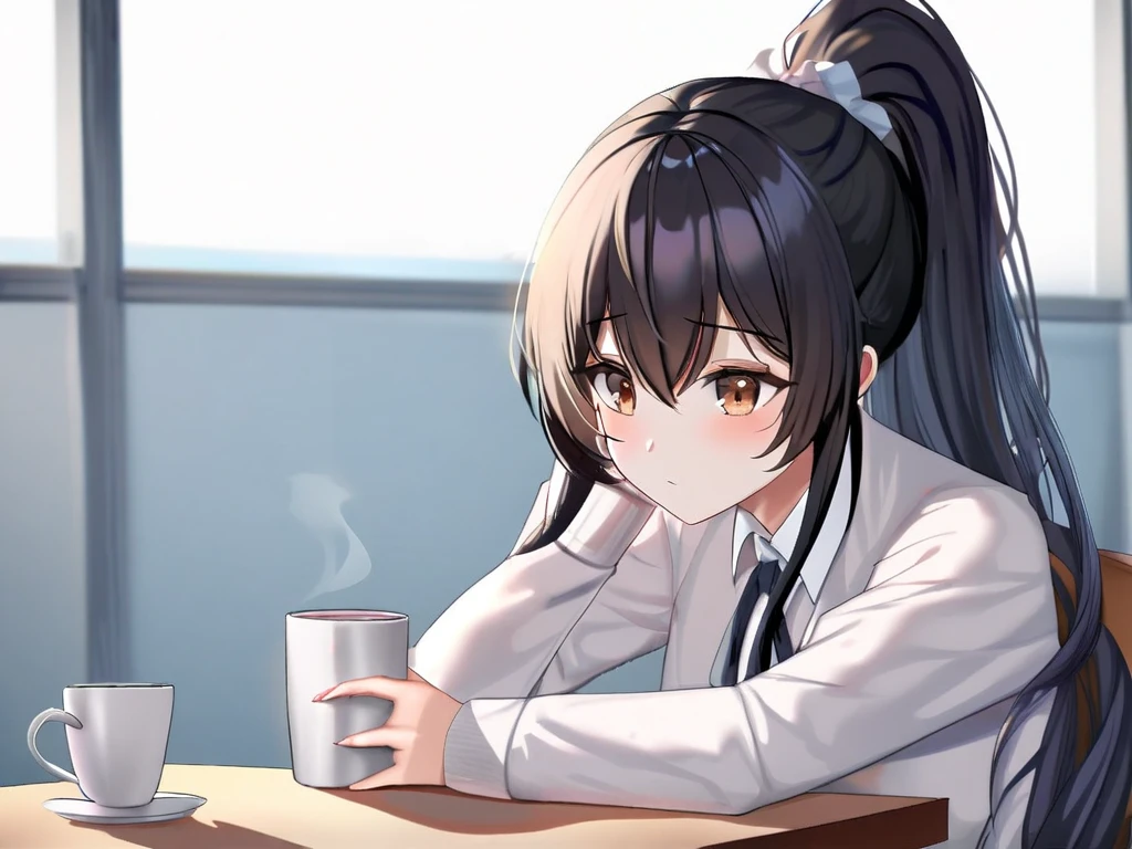  high school girl、 black hair、 long hair、Ponytail、 brown eyes、C Cup、1 person、 slender、intellectual