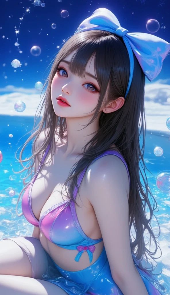 Ultra high definition、masterpiece、correct、Anatomically correct、Textured skin、Very detailed、High detail、high quality、最high quality、High resolution8K、Very detailed、whole body、Medium chest、woman、The body of a swimmer stretches diagonally、 The two hands are stretched out together、 The heart of a swimmer is as transparent as a jellyfish、 The eyes of the swimmers listen to the sound of the bells、 The soul of a swimmer sees the moon above the water。