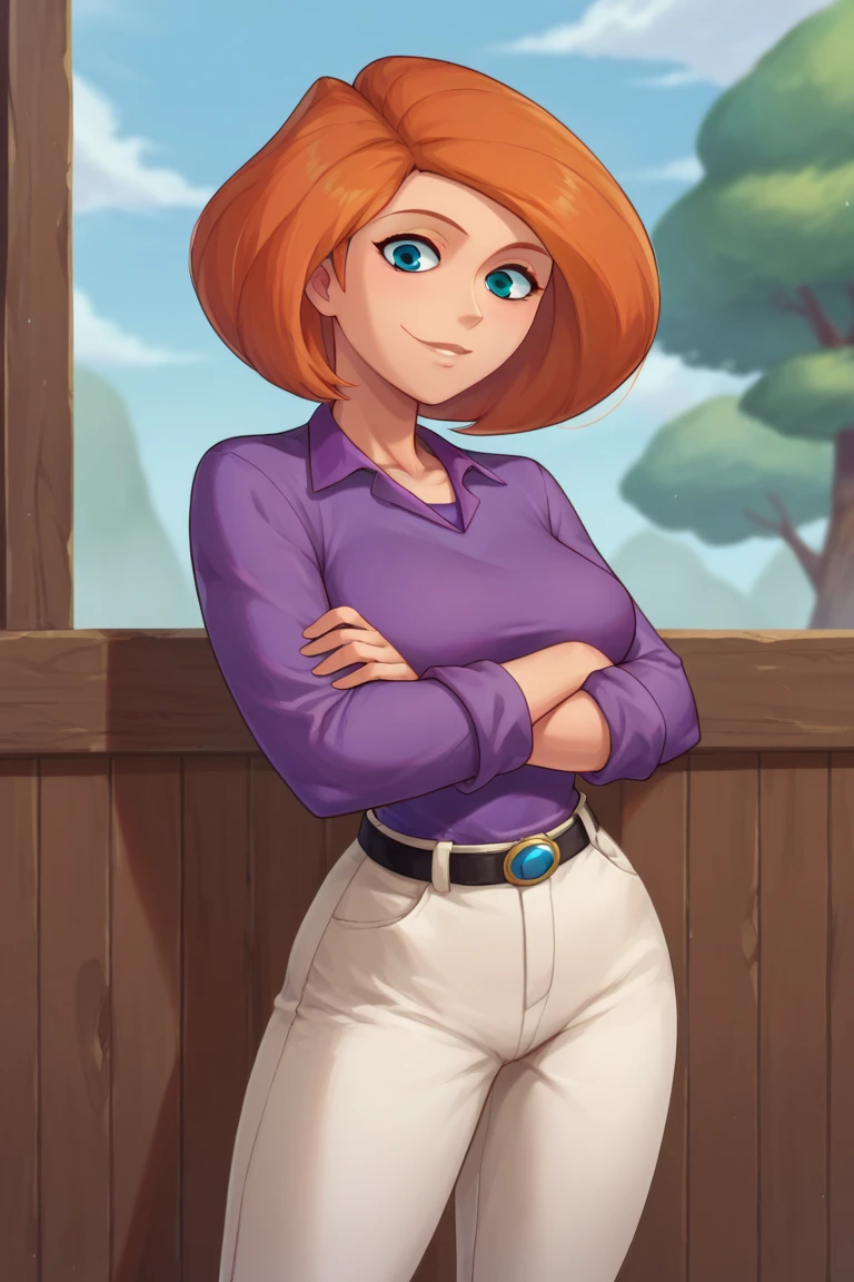 score_9, score_8_up, score_7_up, BREAK, 1girl, solo, breasts,  annpossible, mature female, purple shirt, sleeves rolled up, tan pants, belt, looking at viewer, smile, crossed arms, 