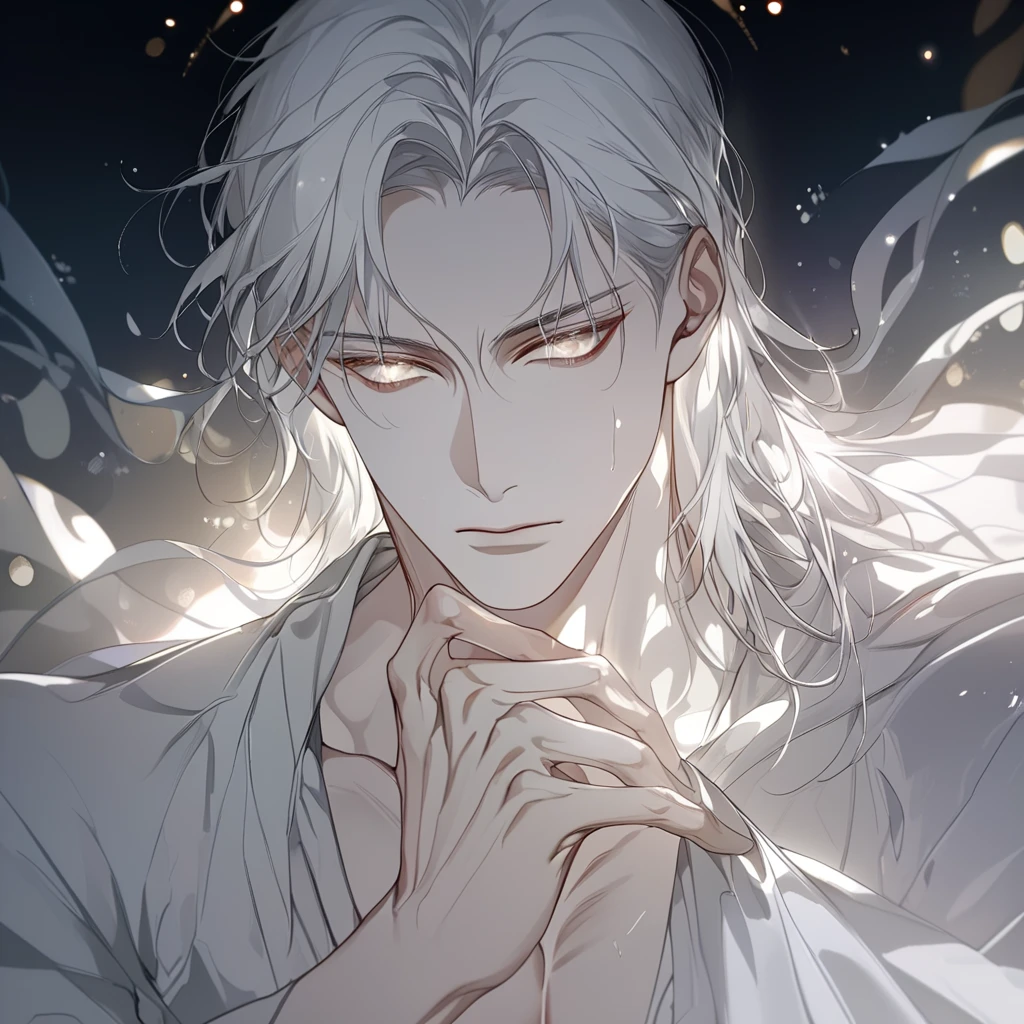 【8K,   RAW photo box ,   Better Quality,   masterpiece: 1.4】, 【  ultra high resolution  ,   extremely detailed ,  soft lighting 】,   Handsome man , ((( long,  Smooth white hair that falls on  ))), (  soft facial expression  ), (Radiant glow),   perfect anatomy : 1.2, bright light and shadow, (  Close-up of three quarters  ), (  Close-up of three quarters  ),   natural lighting , (white highlights  : 1.2), ( Internal: 1.2), ((bokeh)),   masterpiece,   Look directed at the scene  , ((loose white clothing  )), (( sexy )), ((beautiful male)), bloom, Misty, ((light eyes)), ((  Delicate facial features  )), (( long eyelashes are not attractive)), (( rays of god)), ((  wide shoulders  )), ((  perfect muscles  ))