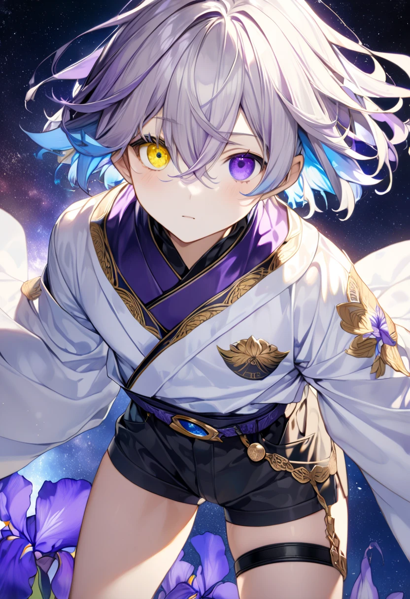 Fresh illustration,
Ultra-fine drawing,
Very delicate illustration,
Very fine details,
Drawing of a boy alone,
Height 158cm,
((Standing)),
Fair skin,
((((Right iris is blue and left iris is purple)))))
(((((Complete heterochromia))))),
Beautiful eyes,
Large black pupils,
Short hair,
White hair,
Bluish roots,
Gradient hair,
Shiny hair,
Beautiful face,
Small shiny halo floating on top of head,
Raised eyebrows,
Upper body is Japanese style and wearing kimono,
Masculine build,
Six pack ,
Very small breasts,
No breasts,
Lower body is Chinese dress,
Obi color is black,
Overall white clothes,
Tasteful embroidery with gold thread,
Clothes with high-quality texture,
Jock strap underwear,
Thigh straps,
Thigh straps digging into skin,
White long boots,
Shoes have Japanese-style toes,
Number of fingers and toes is 5,
Thin waist,
Thin legs,
Isometric,
Golden ratio,
Divine atmosphere,
Wearing an indigo-colored stand-up collar inner,
Outer space,
Galaxy,
Countless small stars,
Tactical use of shadows,
Headband and hair do not extend beyond the frame,
Clothes do not extend beyond the frame,
(Knee shot),