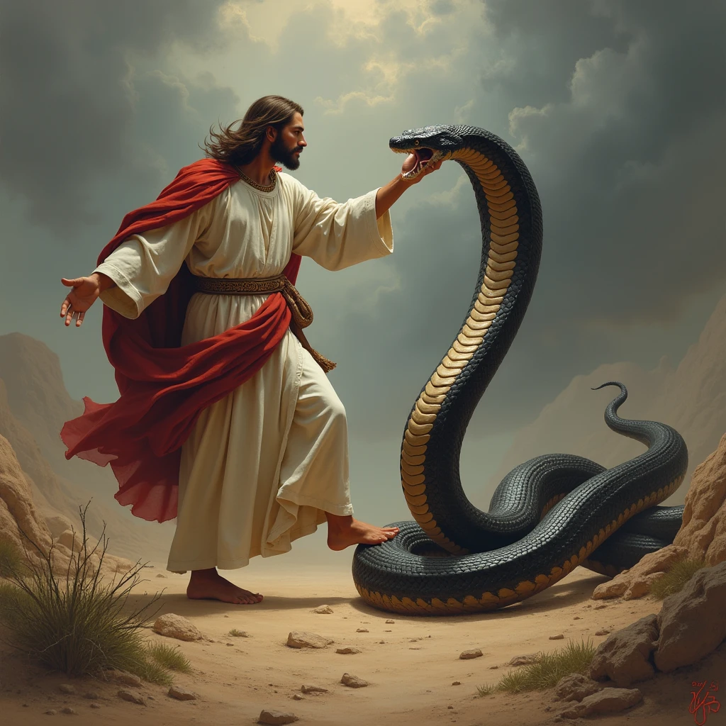 Painting of a man standing on a snake with his feet on a snake, snake is surrounding them, focus on his foot, an amalgamation of a snake, cobra, anaconda, arte da cobra, Directed by: Ken Elias, Directed by: Sava Šumanović, Directed by: Juan O'Gorman, Eugene Gottcobra, epic biblical representation