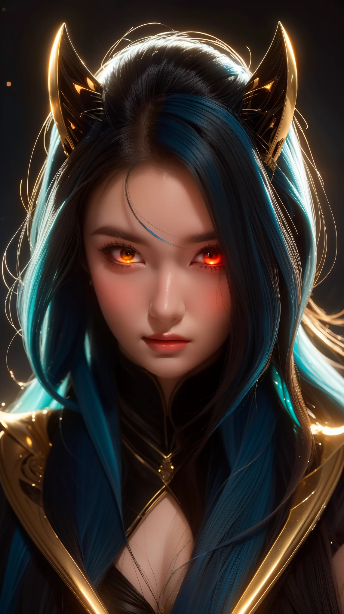 As she prowls through the universe, this female alien commands attention with her stunning appearance. Her jet blue hair and glowing golden eyes are only enhanced by her intense gaze and long dark claws. She is the epitome of beauty and danger, a true predator in every sense.