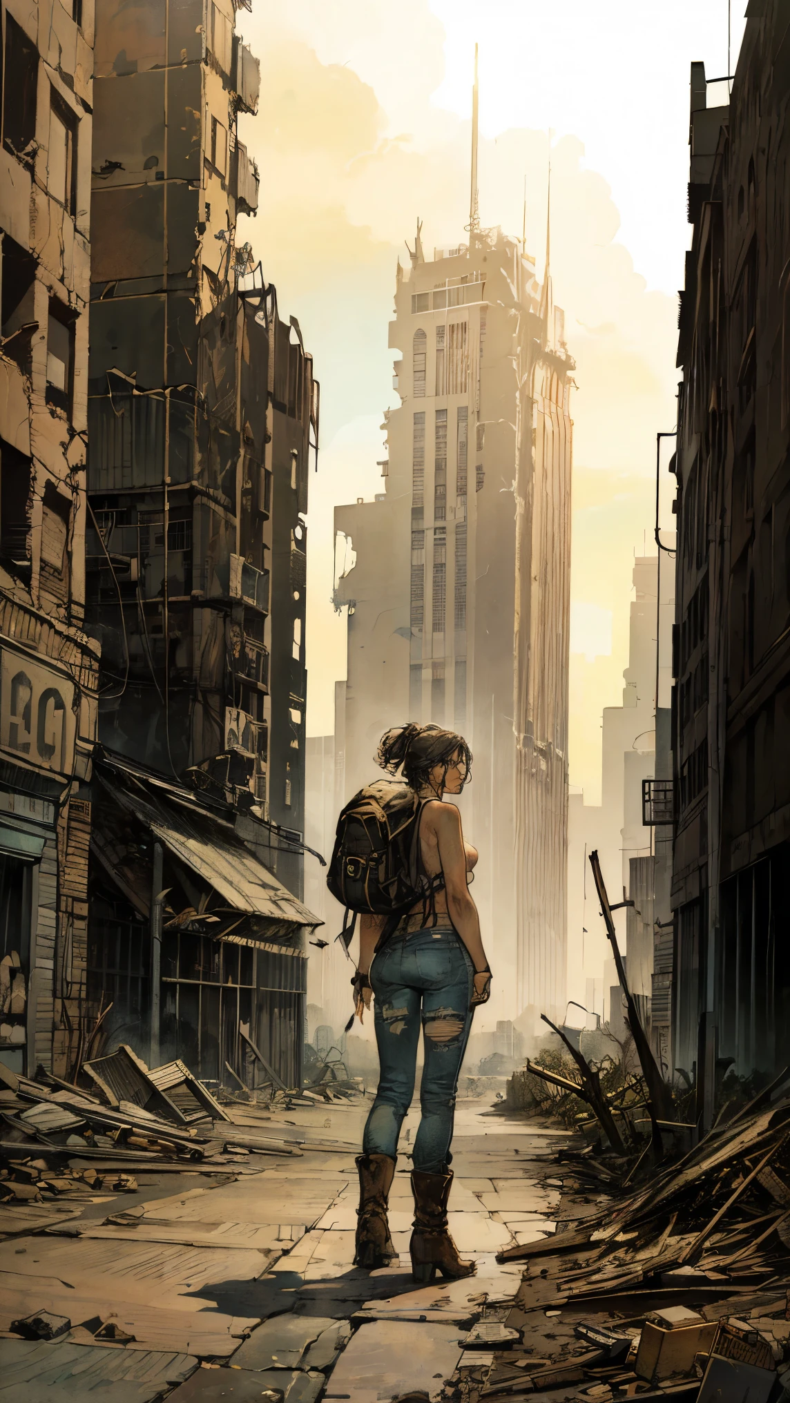 watercolor art, female character traveling from the desert in a diselpunk universe, dynamic combat pose, full body, female character, topless, wearing torn and dirty pants, worn boots, side view, scenery of a destroyed and abandoned city, best quality, detailed, symmetrical, dirty face, big backpack on back