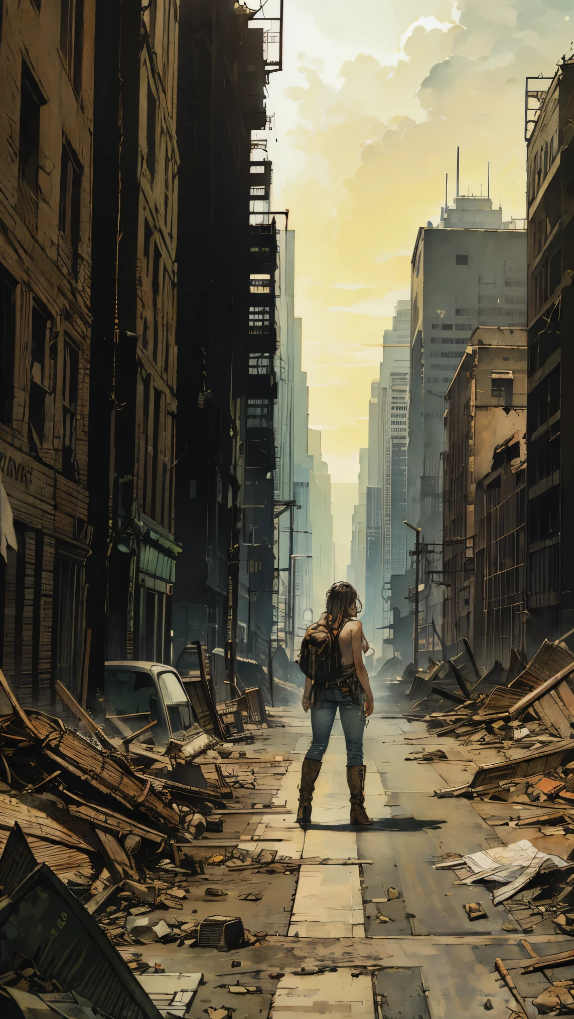 watercolor art, female character traveling from the desert in a diselpunk universe, dynamic combat pose, full body, female character, topless, wearing torn and dirty pants, worn boots, side view, scenery of a destroyed and abandoned city, best quality, detailed, symmetrical, dirty face, big backpack on back