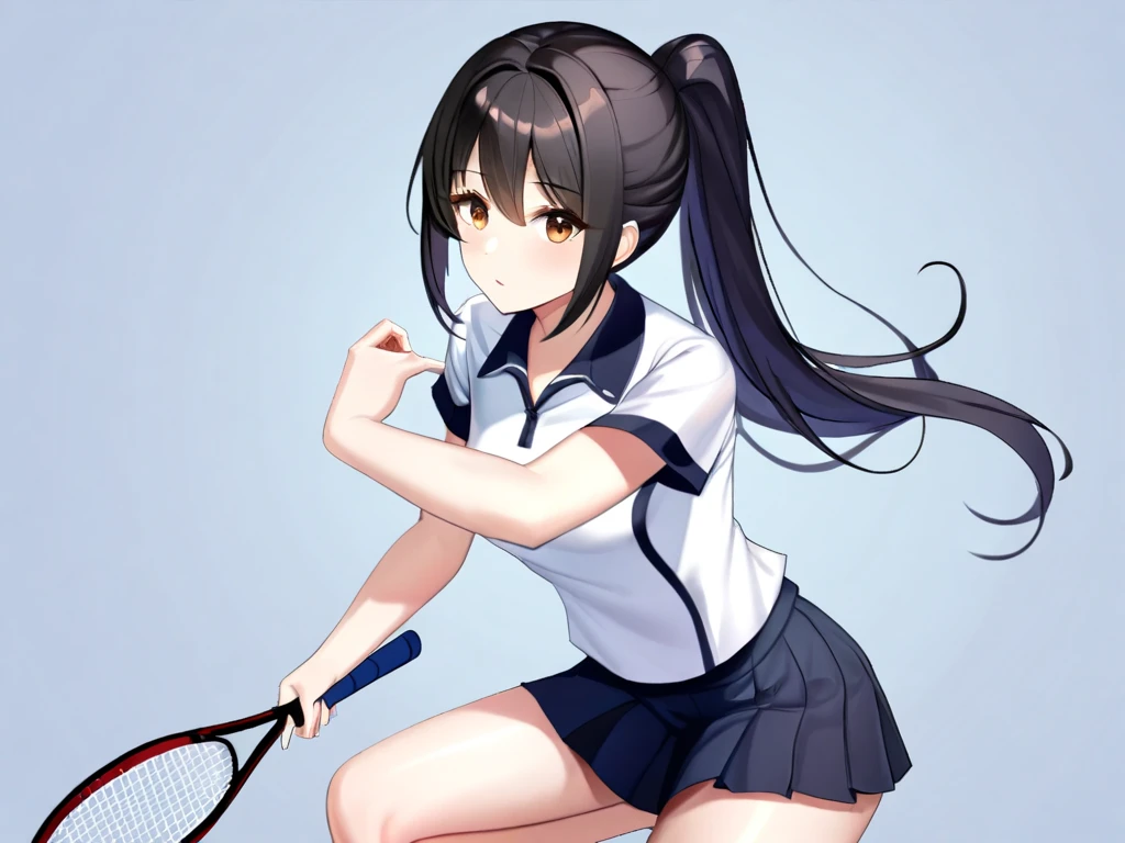  high school girl、 black hair、 long hair、Ponytail、 brown eyes、C Cup、1 person、 slender、intellectual、tennis、 uniform