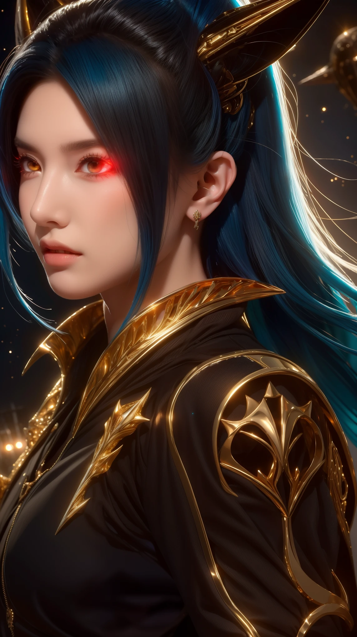 As she prowls through the universe, this female alien commands attention with her stunning appearance. Her jet blue hair and glowing golden eyes are only enhanced by her intense gaze and long dark claws. She is the epitome of beauty and danger, a true predator in every sense.