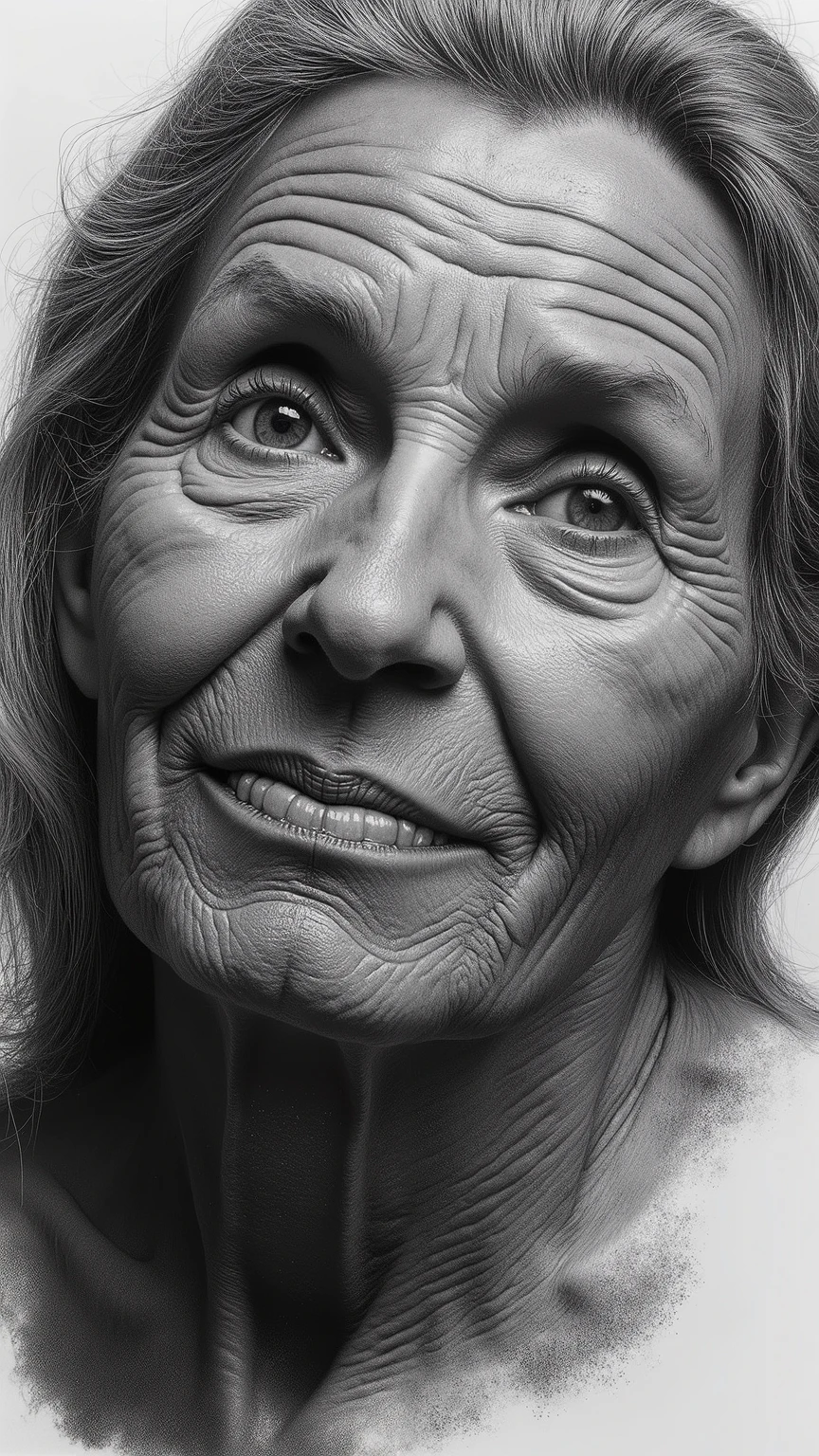 Detailed charcoal drawing in the style of Viktor Miller-Gausa, cubism eith ultra hyperealistic by Rafael Vitor and Tarsila do Amaral, Ross Tran, Brian Froud, Tom Bagshaw of a Kind Elderly Woman, with soft, intricate shadows in her wrinkled face, (( extremely  emotionally and  sensitive to expressive face:1-5), Capturing the weathered beauty of a long and fulfilling life Best Quality, Detail, High Details, Anatomically Correct, Masterpiece, High Resolution, Accurate, Award Winning, HD, High Quality, Retina, Super Detailed, Textured Skin, UHD, 