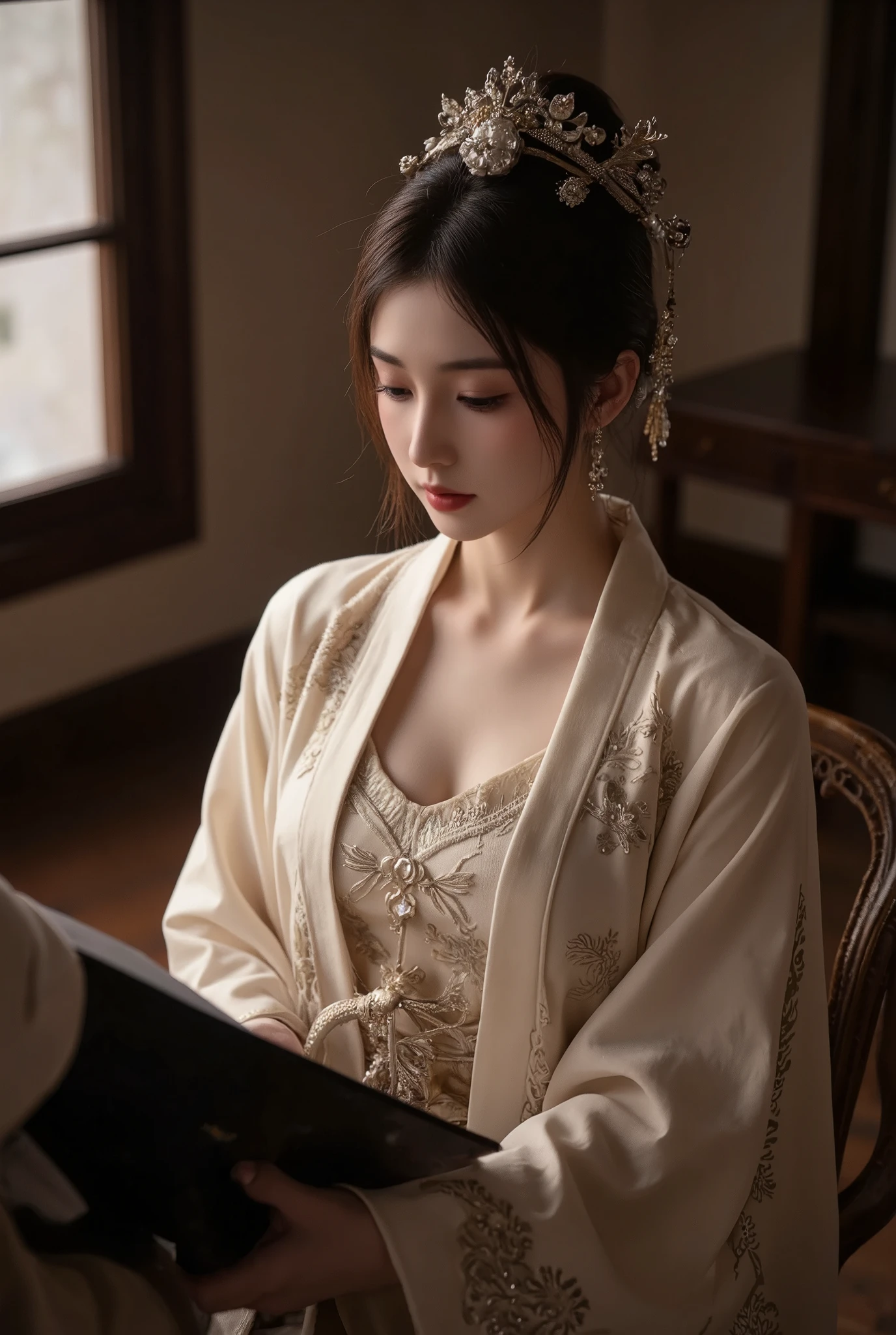 1 girl,  elegant traditional coming-of- ceremony, detailed traditional Chinese hanfu, detailed jewelry, detailed hair ornaments, detailed ceremonial headpiece, serene expression, warm lighting, soft focus, high contrast, dramatic shadows, muted color palette, award winning photography