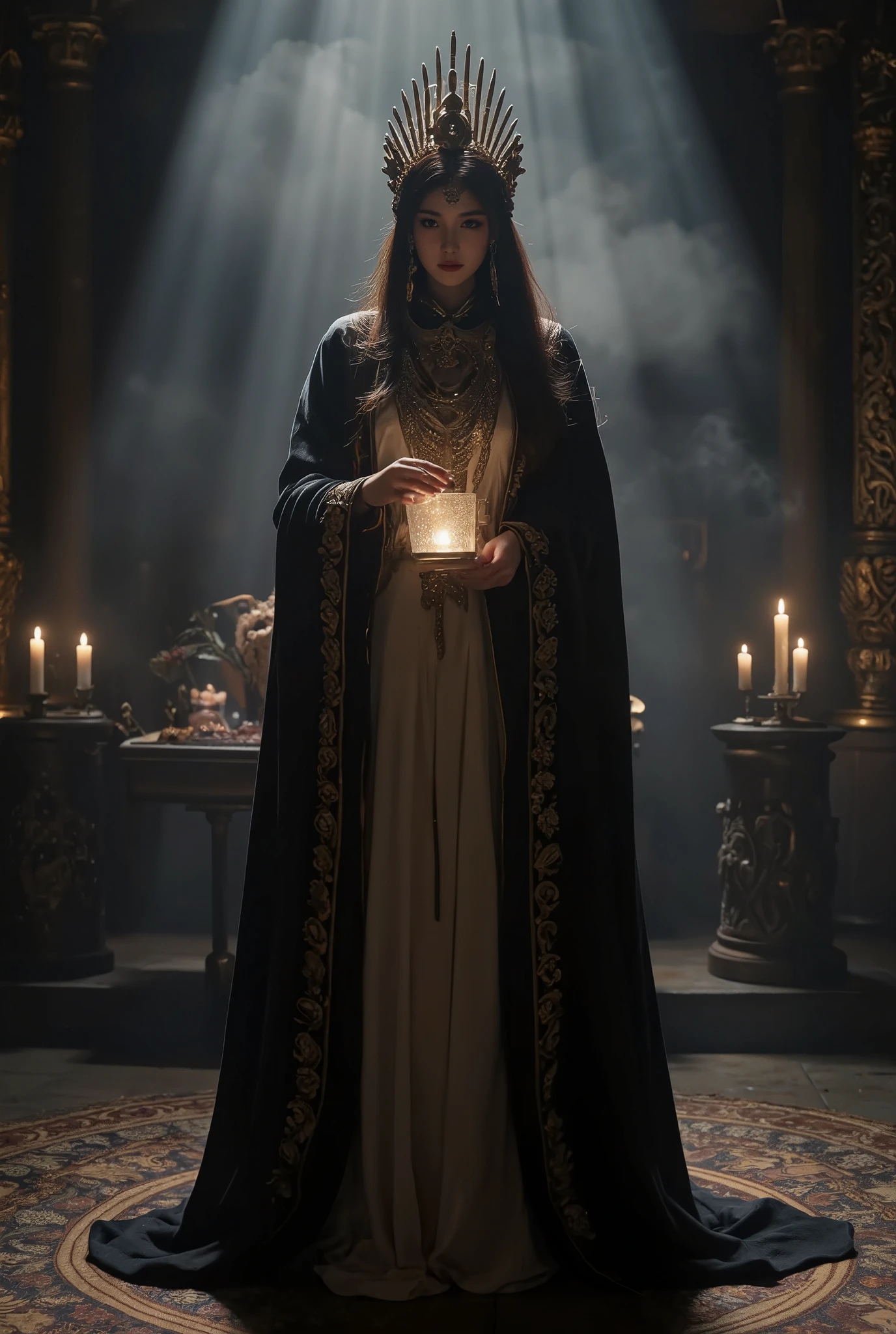 1girl, high priestess, ceremonial robes, headdress, aura, mystic rite, sacred ritual, dramatic lighting, chiaroscuro, cinematic composition, muted colors, dramatic contrast, photorealistic, ultra-detailed, 8k, best quality, masterpiece