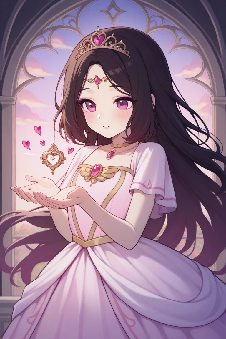 an elegant anime-style illustration of a young woman in a pink, princess-inspired gown. The dress features intricate details like lace and shimmering layers, exuding a dreamy and magical vibe. She wears a delicate tiara adorned with pink jewels, adding a regal touch. Her long, flowing dark hair frames her soft and symmetrical face, enhanced with subtle makeup, including rosy cheeks and glossy lips.

The background is a pastel pink fantasy scene, decorated with floating hearts, soft clouds, and a circular, ornate window design that resembles a clock. The overall atmosphere feels romantic, whimsical, and enchanting, emphasizing themes of love and grace.

