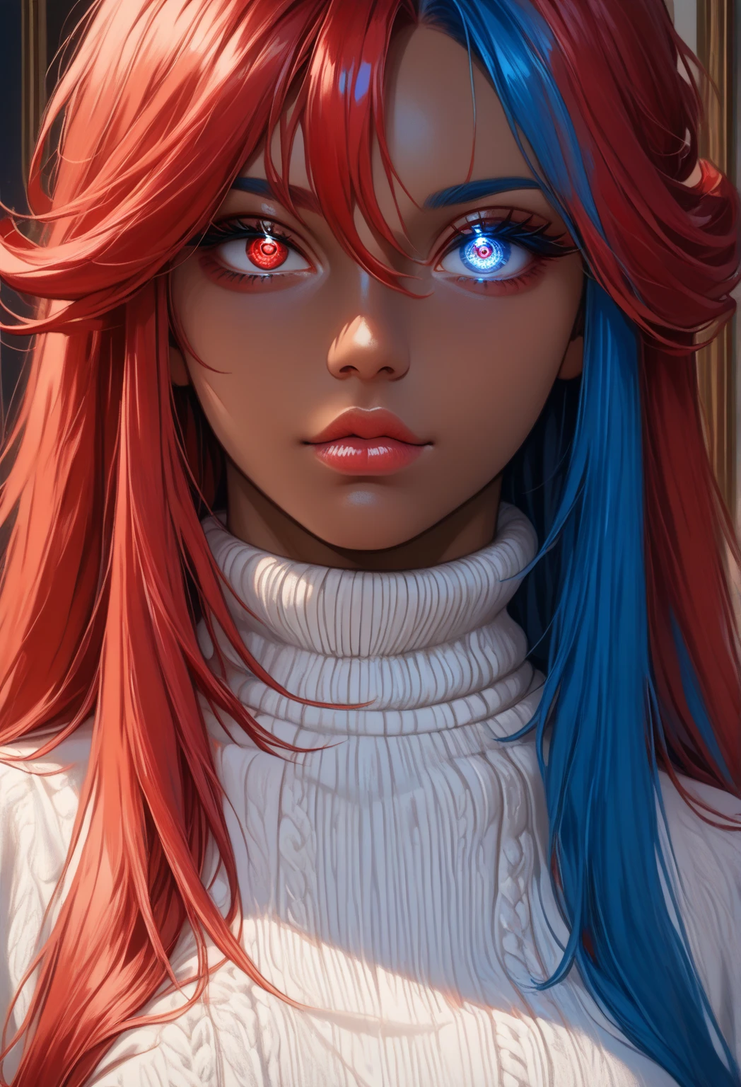 (dark skin: 1.8), heterochromia: (right eye glowing blue:1.8), (left eye glowing red:1.8), (long hair: 1.6), (straight hair: 1.6), split-colored hair: (red hair on the left side:1.8), (bright blue hair on the right side:1.8), full lips, mature woman, pretty face, (chubby body: 1.3), detailed face, small breasts, (masterpiece: 1.5), high quality, sharp eyes, (front shot:1.6), top quality, lots of details, facing the viewer, illuminated face, close-up, wearing a white sweater, sitting on the bed, soft makeup, long eyelashes, 