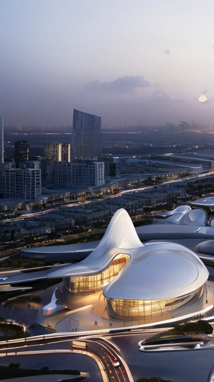 best quality, masterpiece, people, clear sky, sunset or dawn,city center, rain, zaha hadid, curve, flow,  Dubai Coty landscape