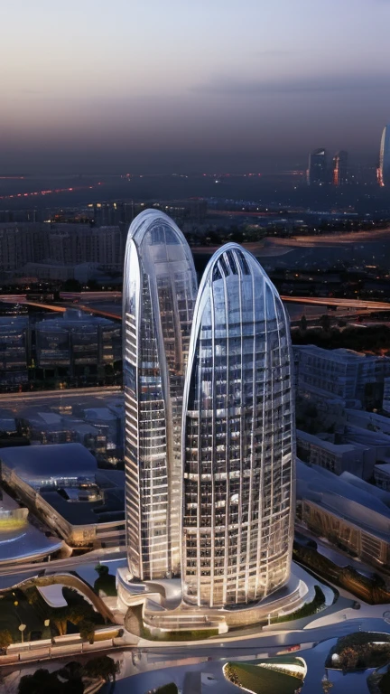 best quality, masterpiece, people, clear sky, sunset or dawn,city center, rain, zaha hadid, curve, flow,  Dubai Coty landscape