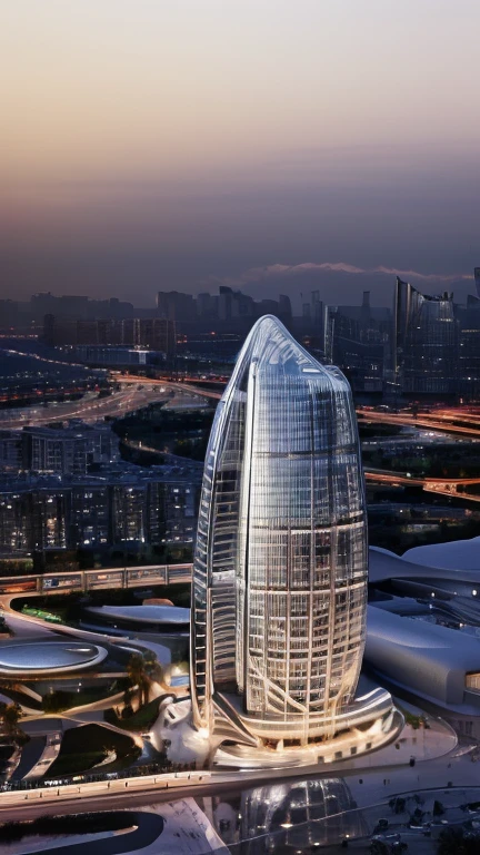 best quality, masterpiece, people, clear sky, sunset or dawn,city center, rain, zaha hadid, curve, flow,  Dubai Coty landscape