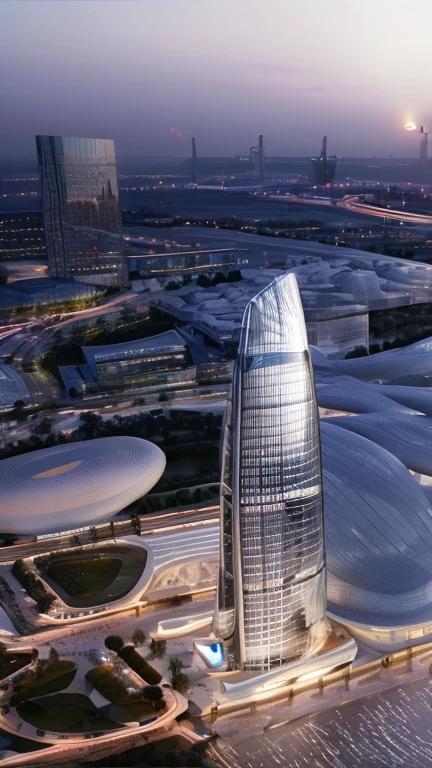 best quality, masterpiece, people, clear sky, sunset or dawn,city center, rain, zaha hadid, curve, flow,  Dubai Coty landscape