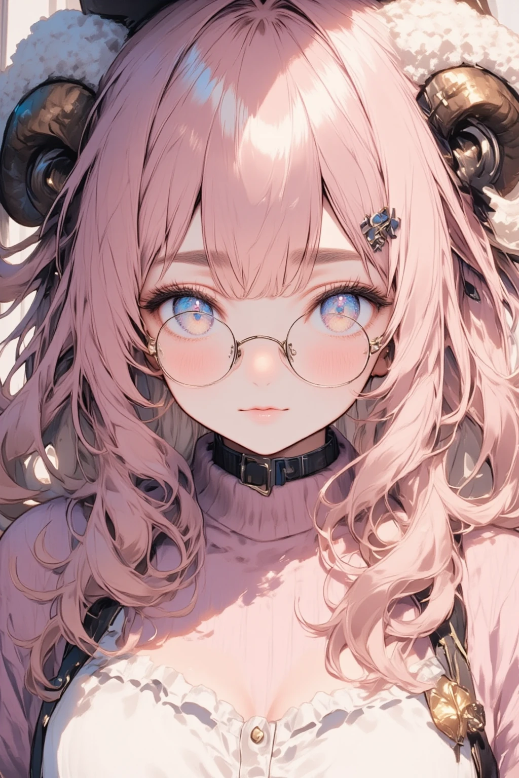 ((best quality)), ((masterpiece)), (Very delicate details, Incredibly detailed),  1girl , Her hair is pink and fluffy:1.2, Sheep's round horns:1.1, Thick eyebrows:1.35, Round Glasses:1.3, Hunting hat, Pink Sweater, Bust Up:1.3, Diagonal view from above:1.3