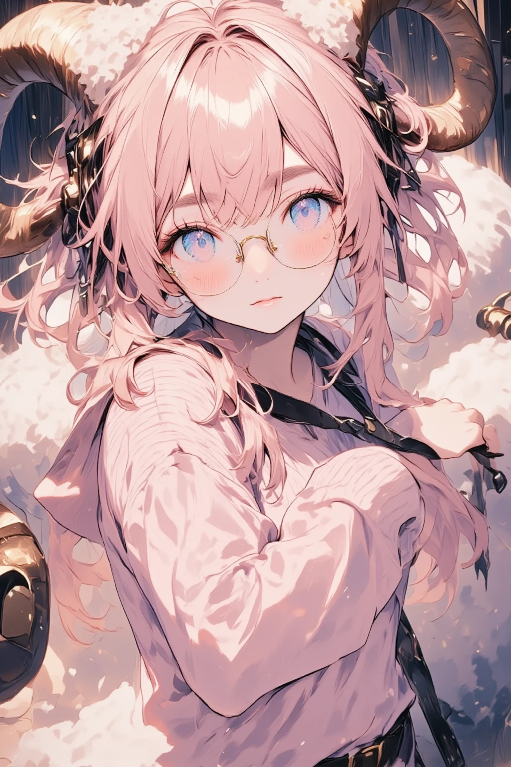 ((best quality)), ((masterpiece)), (Very delicate details, Incredibly detailed),  1girl , Her hair is pink and fluffy:1.2, Sheep's round horns:1.1, Thick eyebrows:1.35, Round Glasses:1.3, Hunting hat, Pink Sweater, Bust Up:1.3, Diagonal view from above:1.3