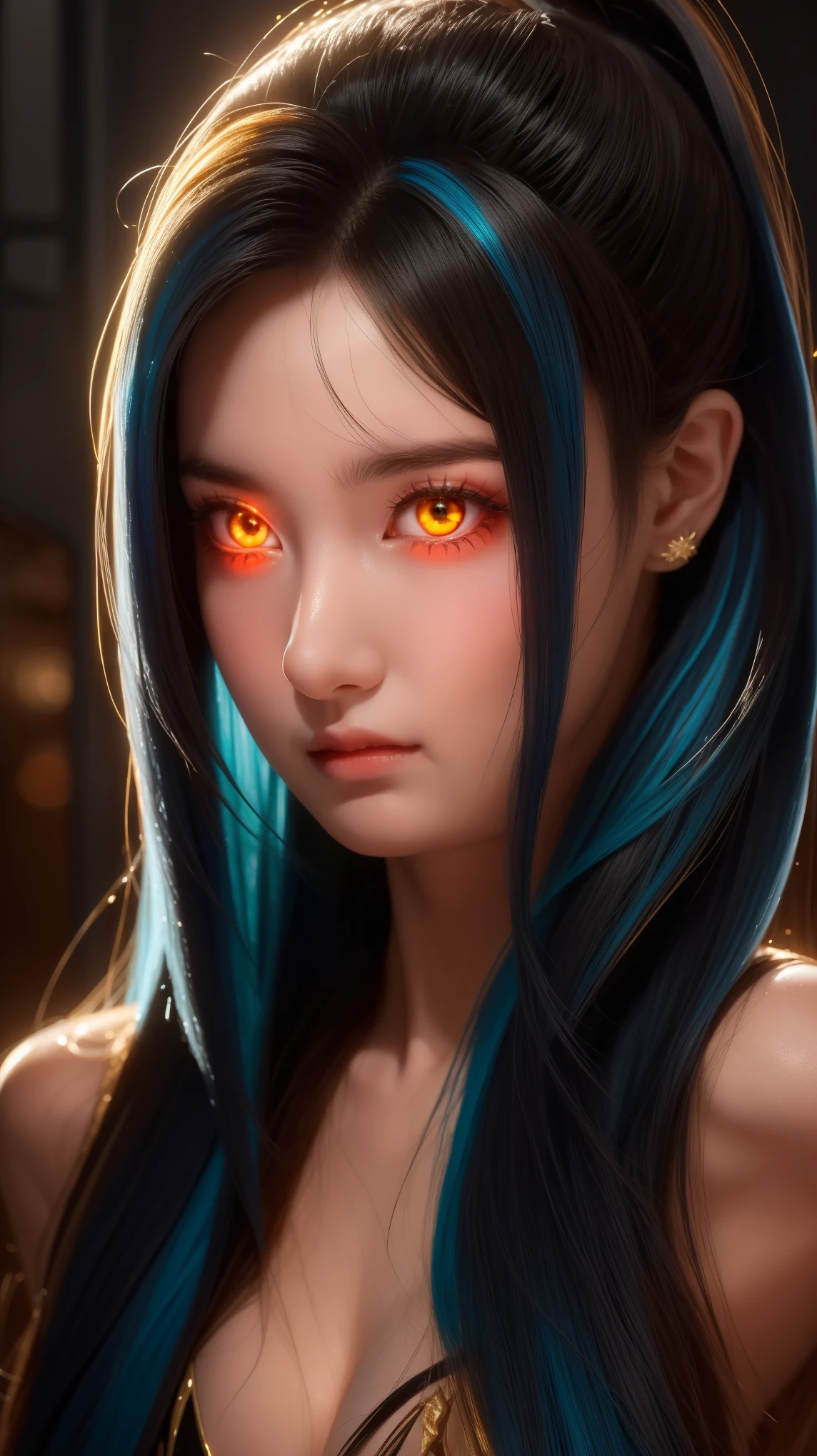 As she prowls through the universe, this female alien commands attention with her stunning appearance. Her jet blue hair and glowing golden eyes are only enhanced by her intense gaze and long dark claws. She is the epitome of beauty and danger, a true predator in every sense.