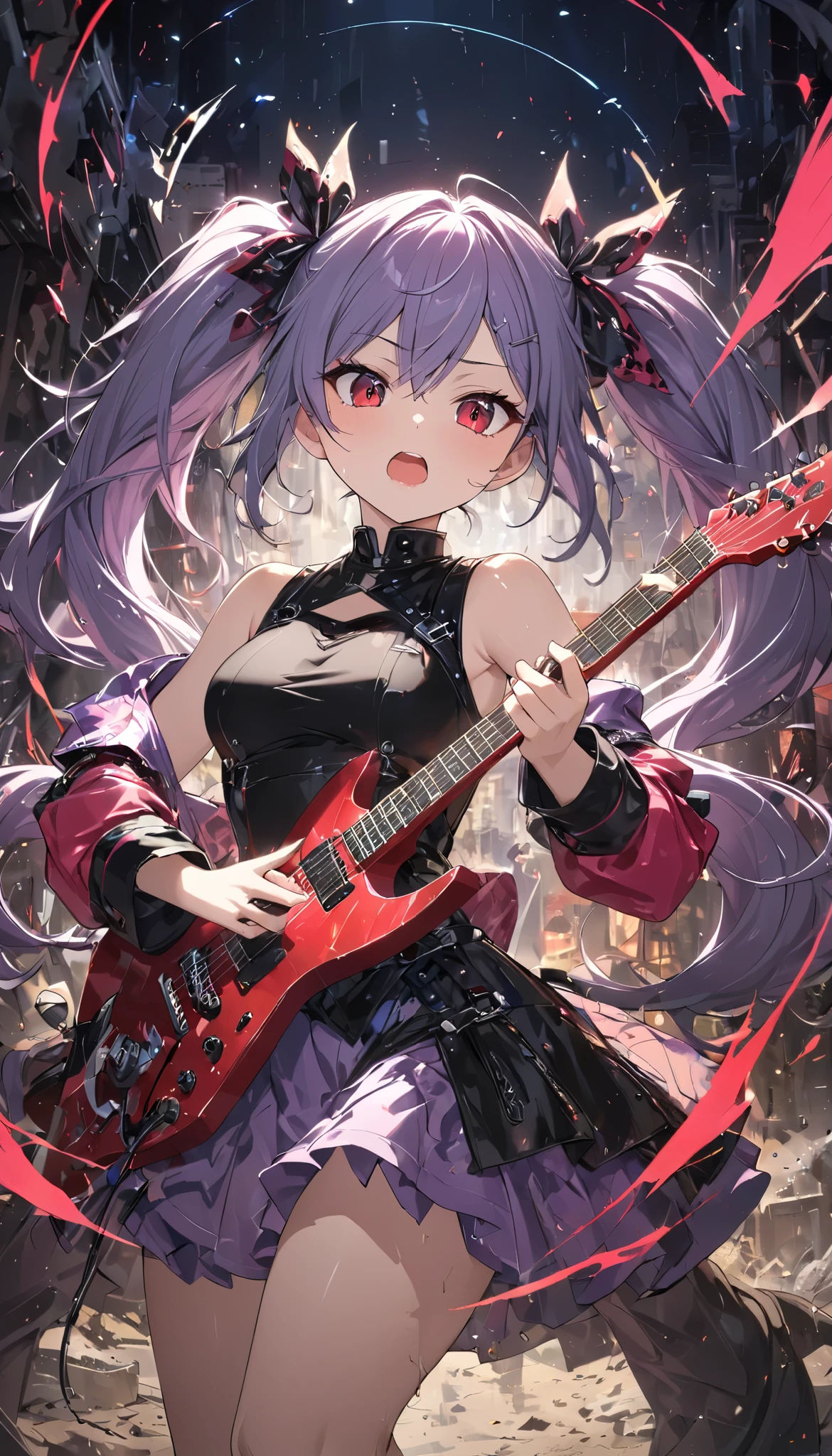 simple art, adult, flat pop color, 1 attractive mature woman, Expressive long hair, Twin Tails, playing the Transformed Guitar, transformed like a moon,  
BREAK: quickly approaching Viewers , Charging while performing, Quick vibes preparation, 
BREAK Sexy punk Clothes, Only the clothes are leather,  Luxurious silk shining texture , High-quality decoration, Detailed and attractive skin, cute, 
BREAK Expressing explosive acceleration with motion blur, 
BREAK Aesthetic Twin Tails hair fluttering backwards during rapid acceleration, 
BREAK Professional spray work,  Detailed and Delicate Textures , Detailed and intricate brushwork,  Detailed and vivid depiction ,   anatomically correct, Absurd aesthetics, 
BREAK Unleash the music of transparent full color in your hands, Holographically coated attack music, 
BREAK Approaching with a forward leaning posture,  staring at me , Clear red eyes, 
 dynamic shot , ( Eye Shot ), 
BREAK attractive Twin Tail's hair, Sudden music attack, hair color is fixed to a white-purple gradation, Great aesthetic sense, 
BREAK Highest quality, Highest Resolution, octane rendering, super retina-vision, 