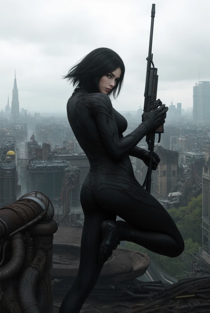 Sur les toits des ruines de la ville futurisme, remplis de machines.  A mercenary with a biomechanical sniper rifle, portant combinaison amorphe, crée a partir de liquide Black  épaisse.  Short hair in battle , Black ,  almond eyes, 