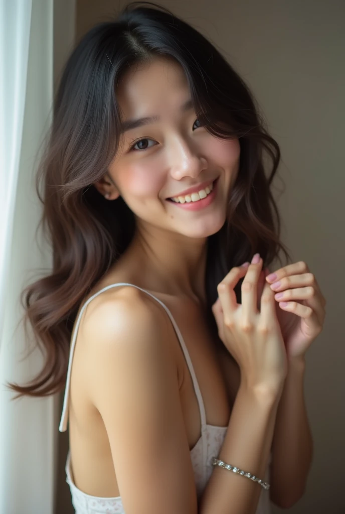 (8K, RAW Photos:1.2), Detailed face and eyes, Highest quality, Ultra-high resolution, Very detailed, Ultra-intricate details, Tabletop, Very cute girl, Soft cinematic light, Hyper Detail, Sharp focus, super high quality, Long wavy hair with brown hair, A cute 16 year old girl, Very beautiful plump G cup, The whole body is shown, Quite embarrassed,Really kissing face, Very plump whole body, In a stylish room, topless, Very beautiful nipples, Full body nude, Extremely realistic skin texture, Smiling and looking at me, Girl doing M-shaped legs