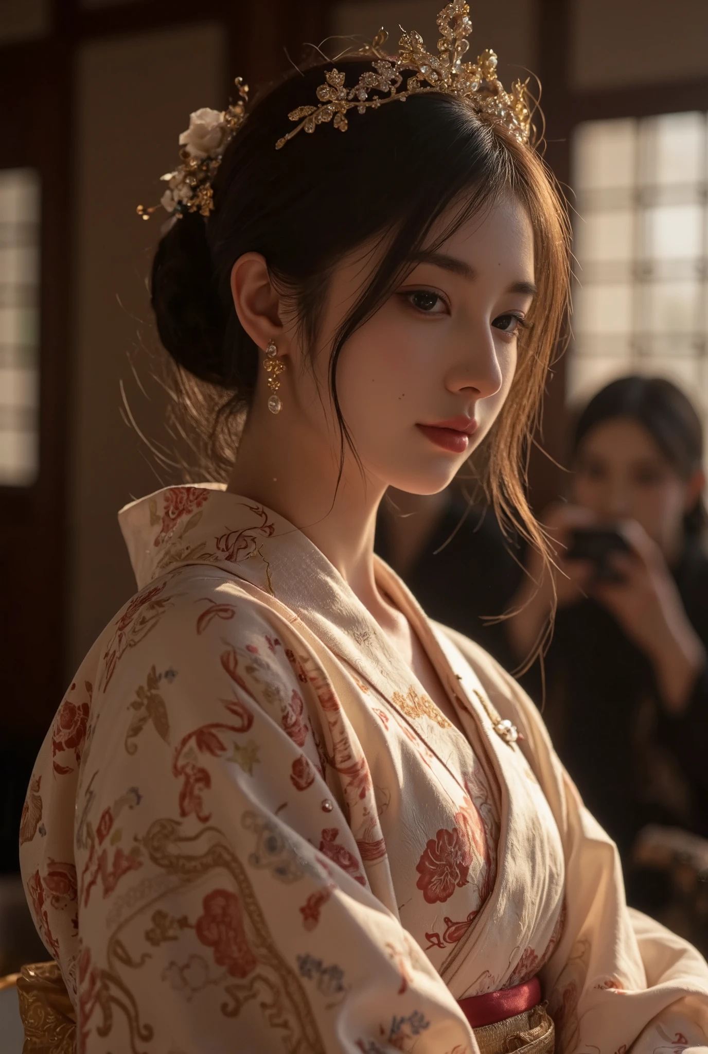 1 girl,  elegant traditional coming-of-age ceremony, detailed traditional japanese kimono, detailed jewelry, detailed hair ornaments, detailed ceremonial headpiece, serene expression, warm lighting, soft focus, high contrast, dramatic shadows, muted color palette, award winning photography