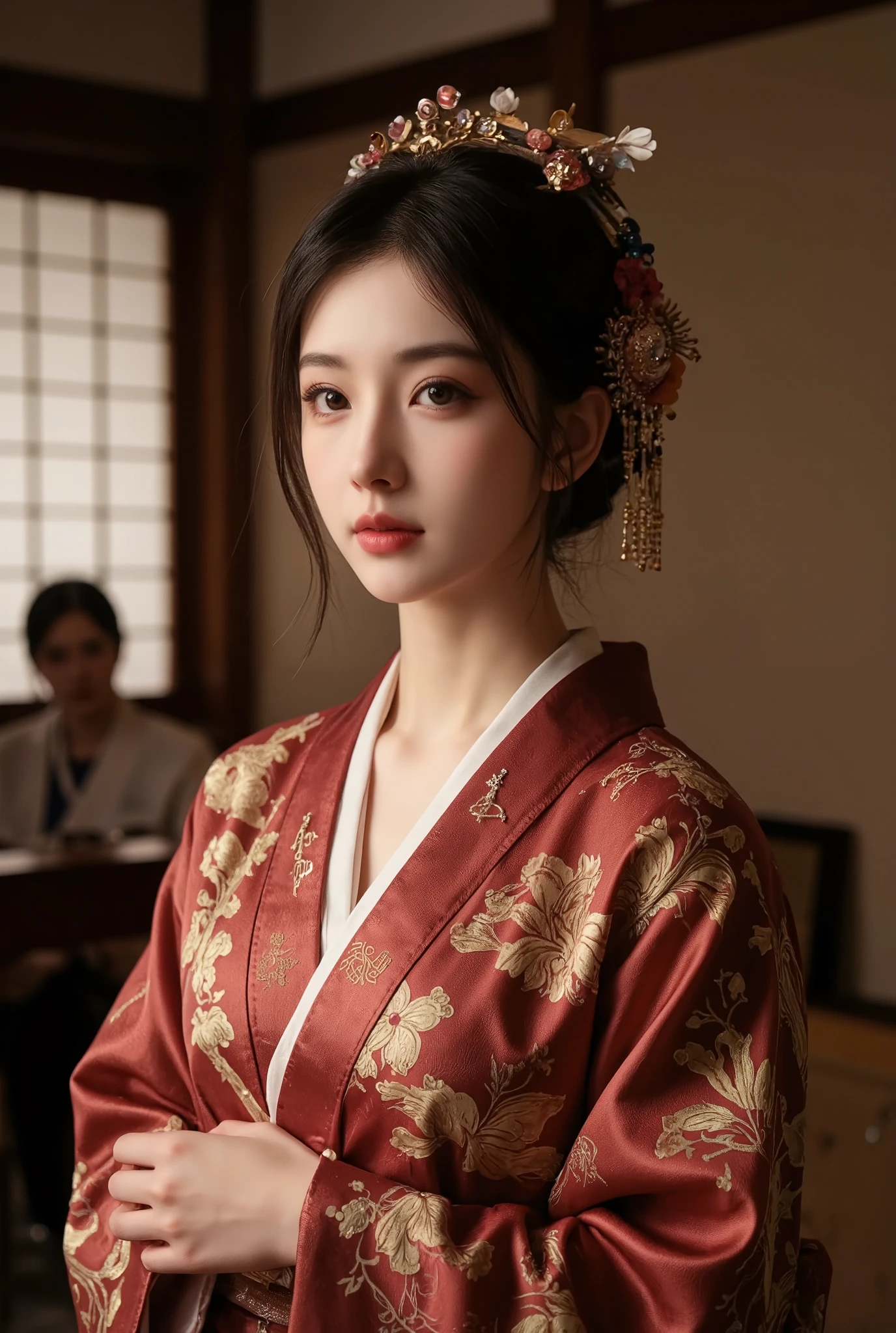 1 girl,  elegant traditional coming-of-age ceremony, detailed traditional japanese kimono, detailed jewelry, detailed hair ornaments, detailed ceremonial headpiece, serene expression, warm lighting, soft focus, high contrast, dramatic shadows, muted color palette, award winning photography