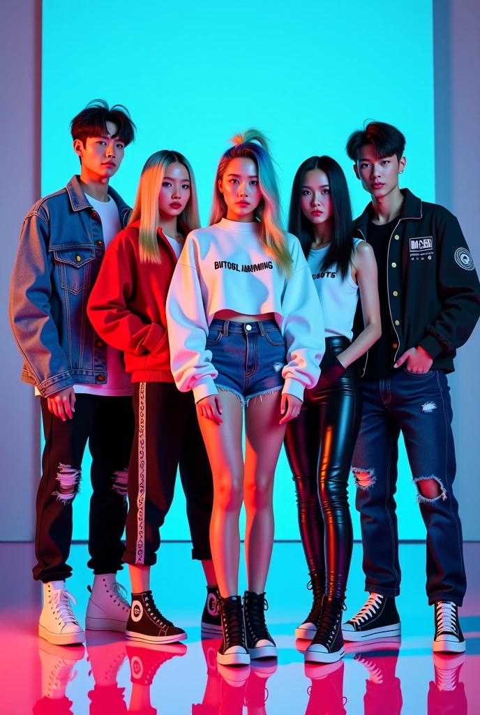 Generate an image of a K-pop band with three handsome male members and one beautiful female member have six pack abs. All members should be wearing trendy denim jackets with smiley face designs, paired with stylish, modern outfits. The group should be posed together, exuding confidence and charisma, with the female member standing out with a bright, captivating smile. The background should be vibrant and dynamic, reflecting the energetic and fashionable vibe of the band.