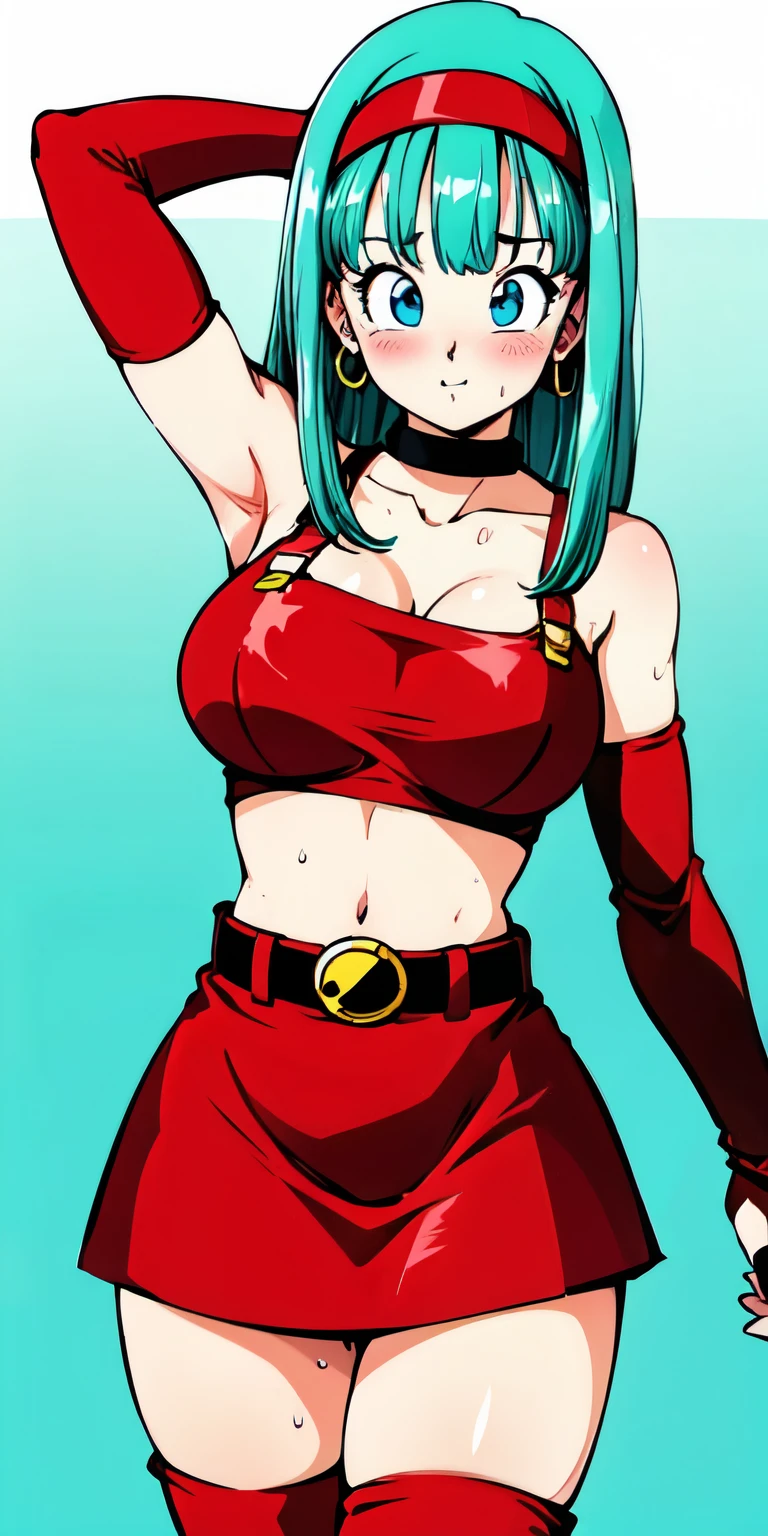 1 Female,High definition,high resolution,Ultra-realistic,8K,bulla, 1girl, solo, long hair, straight hair, blunt bangs, aqua hair, blue eyes, eyelashes,
red hairband, elbow gloves, red gloves, fingerless gloves, red crop top, midriff, bare shoulders, belt, hoop earrings, bridal gauntlets, red skirt, thigh boots, red footwear,European,sexy,Upper body close-up,Photographed from the front,Dynamic Angles,blush, (big tits),cute face, facial, sweat, perfect face, perfect body,(wide thighs:1.3),cute face,(arms behind head)
