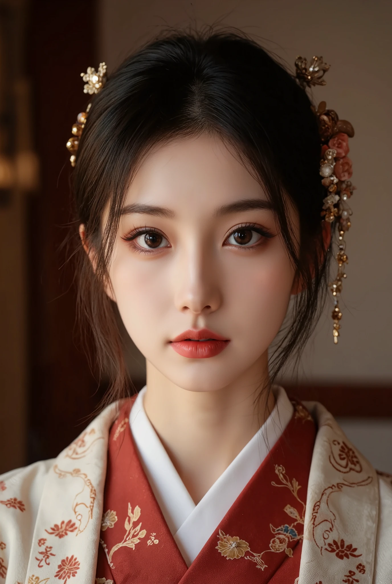 1 girl, beautiful detailed eyes, beautiful detailed lips, extremely detailed eyes and face, long eyelashes, elegant traditional coming-of-age ceremony, detailed traditional japanese kimono, detailed jewelry, detailed hair ornaments, detailed ceremonial headpiece, serene expression, warm lighting, soft focus, high contrast, dramatic shadows, muted color palette, award winning photography