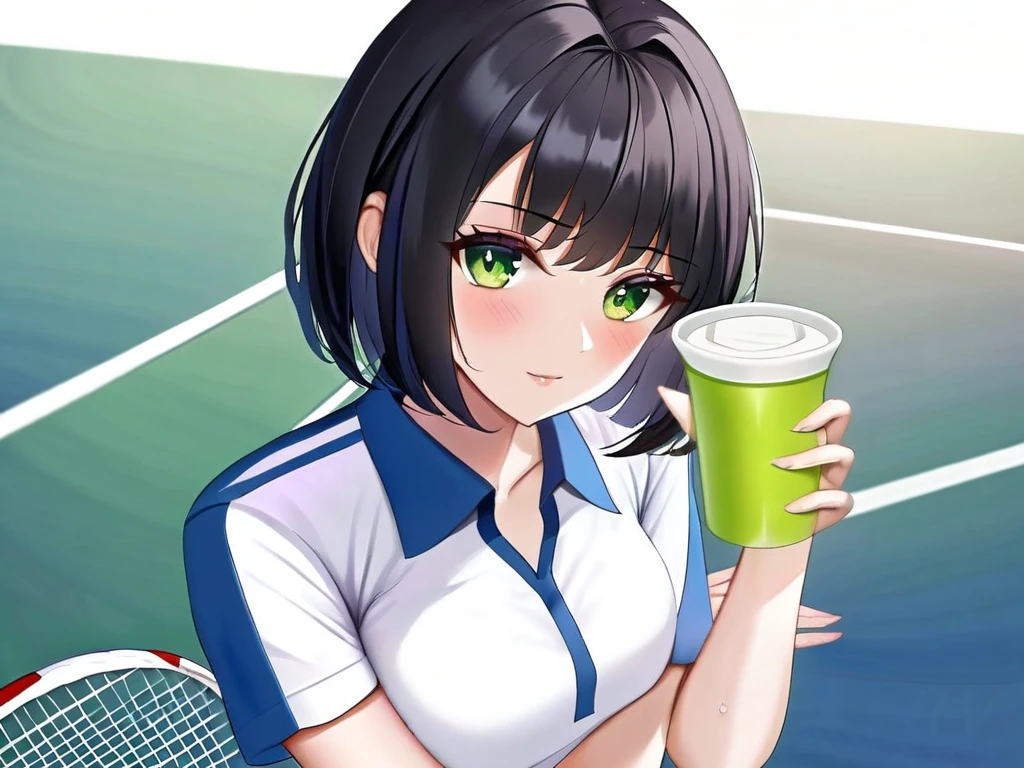  high school girl、 black hair、 short hair、 bob cut、 green eyes、C Cup、1 person、tennis、 uniform