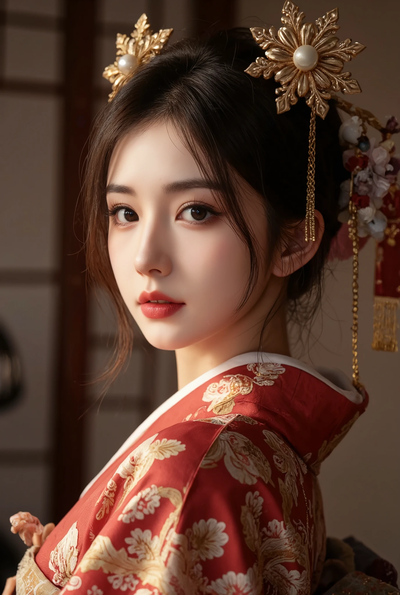 1 girl, beautiful detailed eyes, beautiful detailed lips, extremely detailed eyes and face, long eyelashes, elegant traditional coming-of-age ceremony, detailed traditional japanese kimono, detailed jewelry, detailed hair ornaments, detailed ceremonial headpiece, serene expression, warm lighting, soft focus, high contrast, dramatic shadows, muted color palette, award winning photography