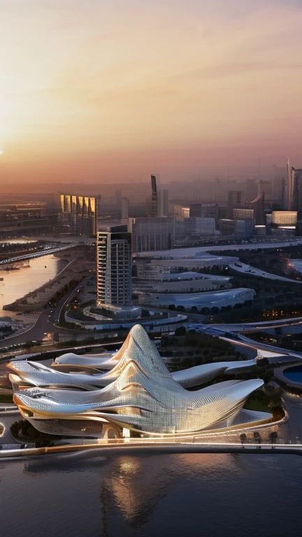 best quality, masterpiece, people, clear sky, sunset or dawn,city center, rain, zaha hadid, curve, flow,  Dubai City landscape, golden hour