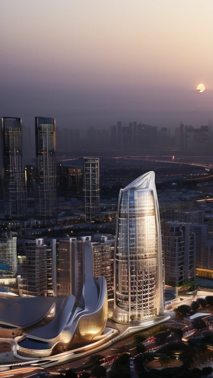 best quality, masterpiece, people, clear sky, sunset or dawn,city center, rain, zaha hadid, curve, flow,  Dubai City landscape, golden hour