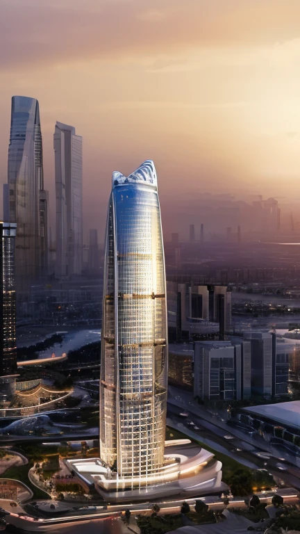 best quality, masterpiece, people, clear sky, sunset or dawn,city center, rain, zaha hadid, curve, flow,  Dubai City landscape, golden hour