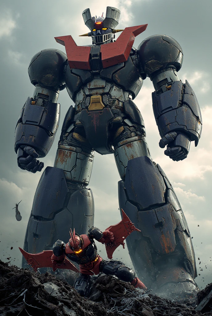 A very realistic version of Mazinger Z remodeled into an overwhelmingly giant,   standing 100 meters high in a combat position.  thunder　Remains of an enemy robot beast at the foot 　