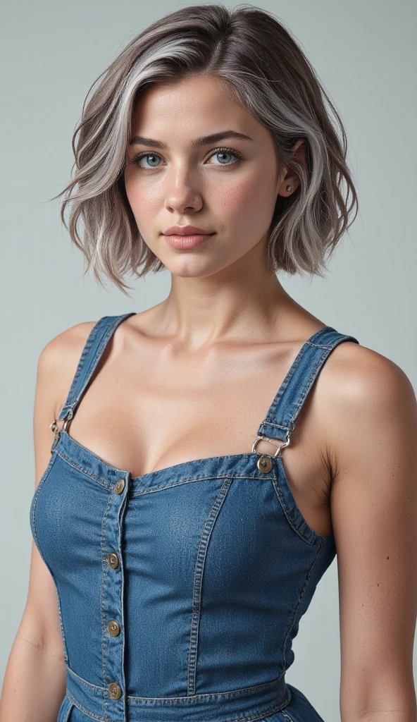 ((Sennaveyra)) ((Best Quality)), ((Masterpiece)), ((Photorealistic)), ((photo realistic)) UHD, 4k, High Resolution, Ultra Detailed, 22-year-old, raw photo, fit, realistic human, highly detailed textures, wavy bob-cut gray hair, striking blue eyes, denim dress, full body